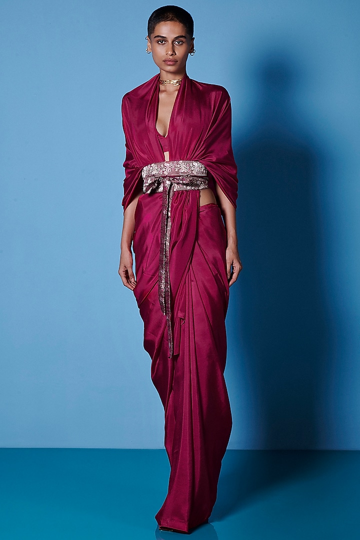 Sangria Red Silk Handwoven Festive Saree Set by Ekaya at Pernia's Pop Up Shop