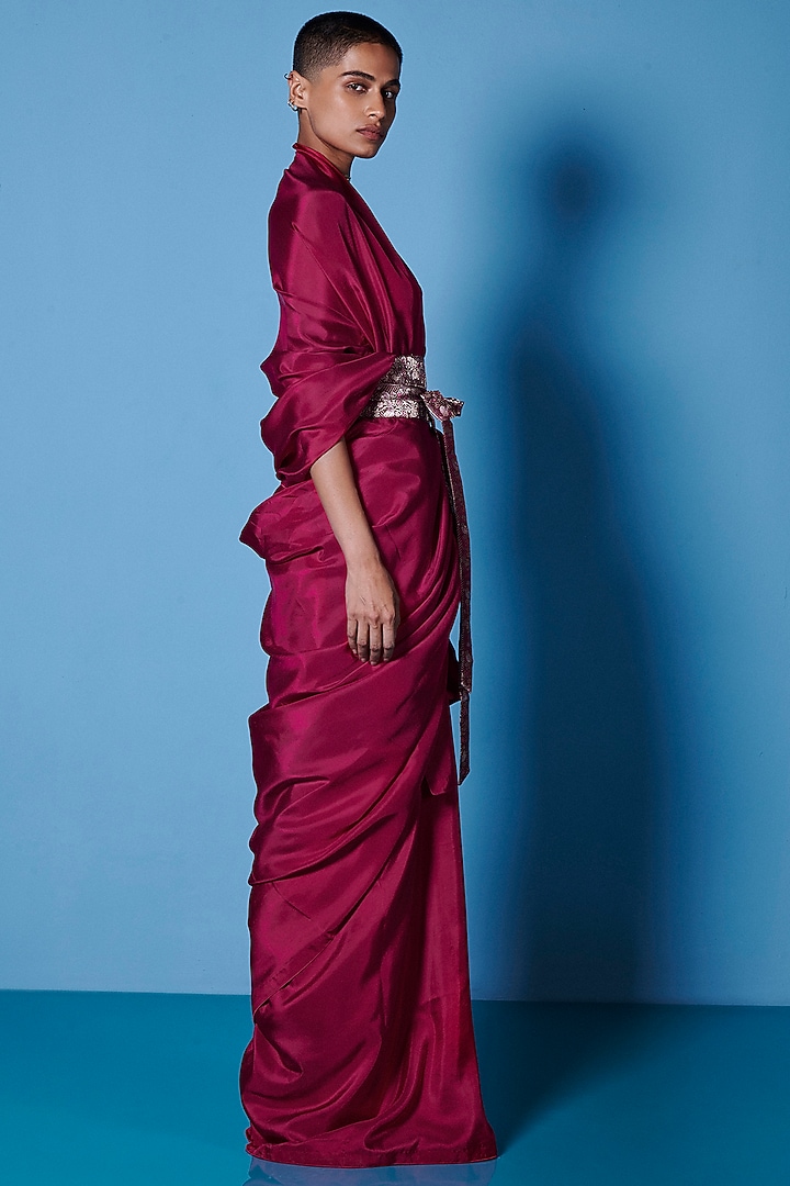 Sangria Red Silk Handwoven Festive Saree Set by Ekaya at Pernia's Pop Up Shop