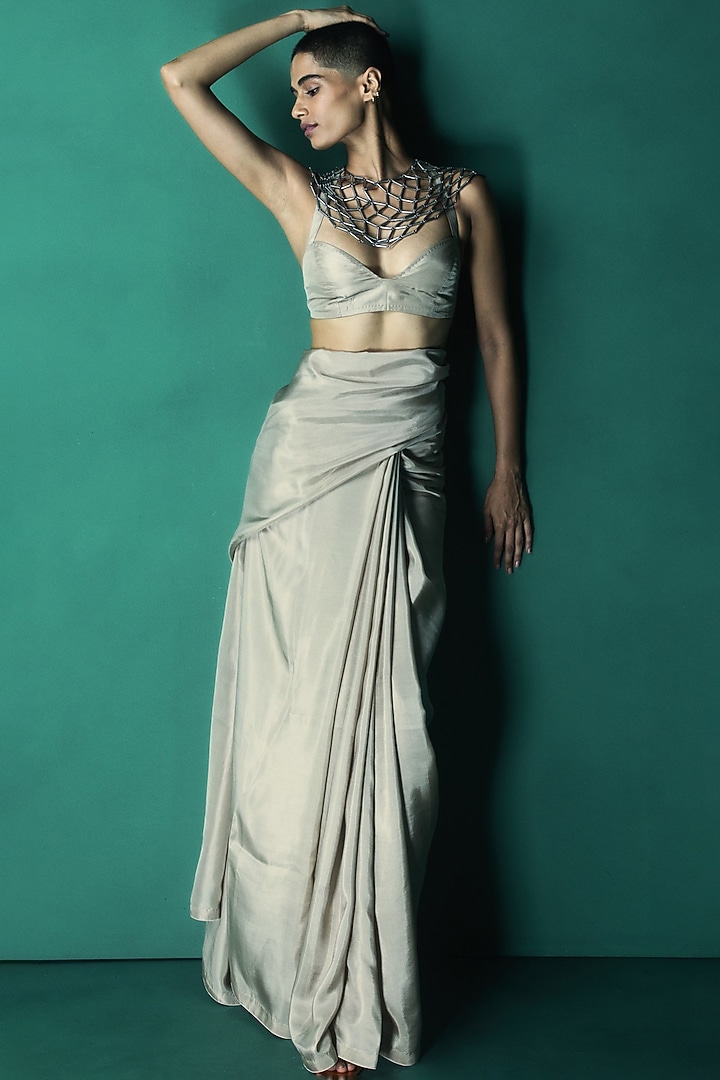 Slate Grey Silk Handwoven Festive Saree Set by Ekaya at Pernia's Pop Up Shop