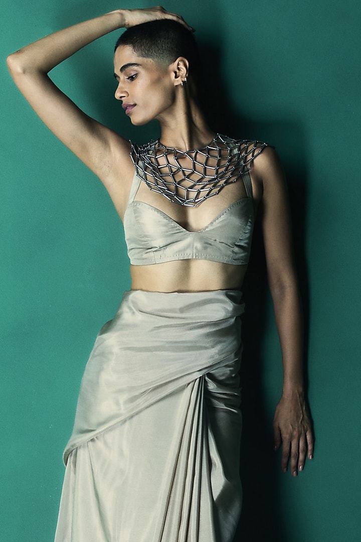 Slate Grey Silk Handwoven Festive Saree Set by Ekaya at Pernia's Pop Up Shop