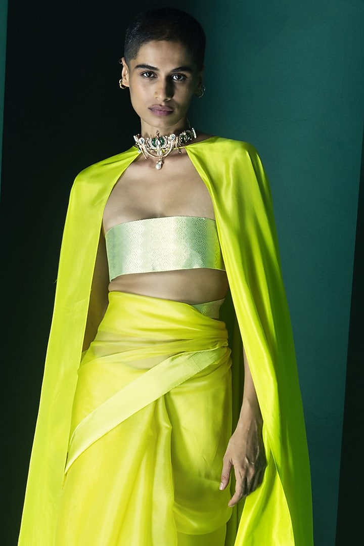 Lemon Yellow Organza Handwoven Festive Saree Set by Ekaya at Pernia's Pop Up Shop