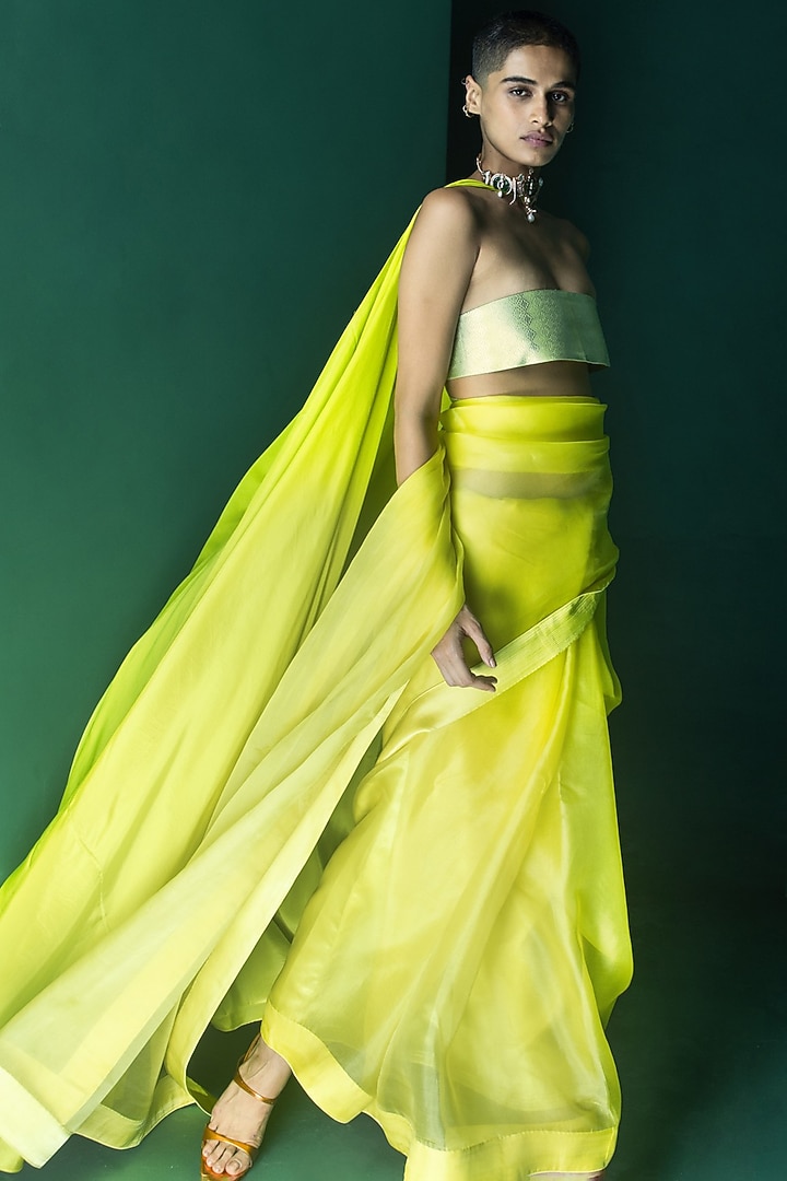 Lemon Yellow Organza Handwoven Festive Saree Set by Ekaya at Pernia's Pop Up Shop