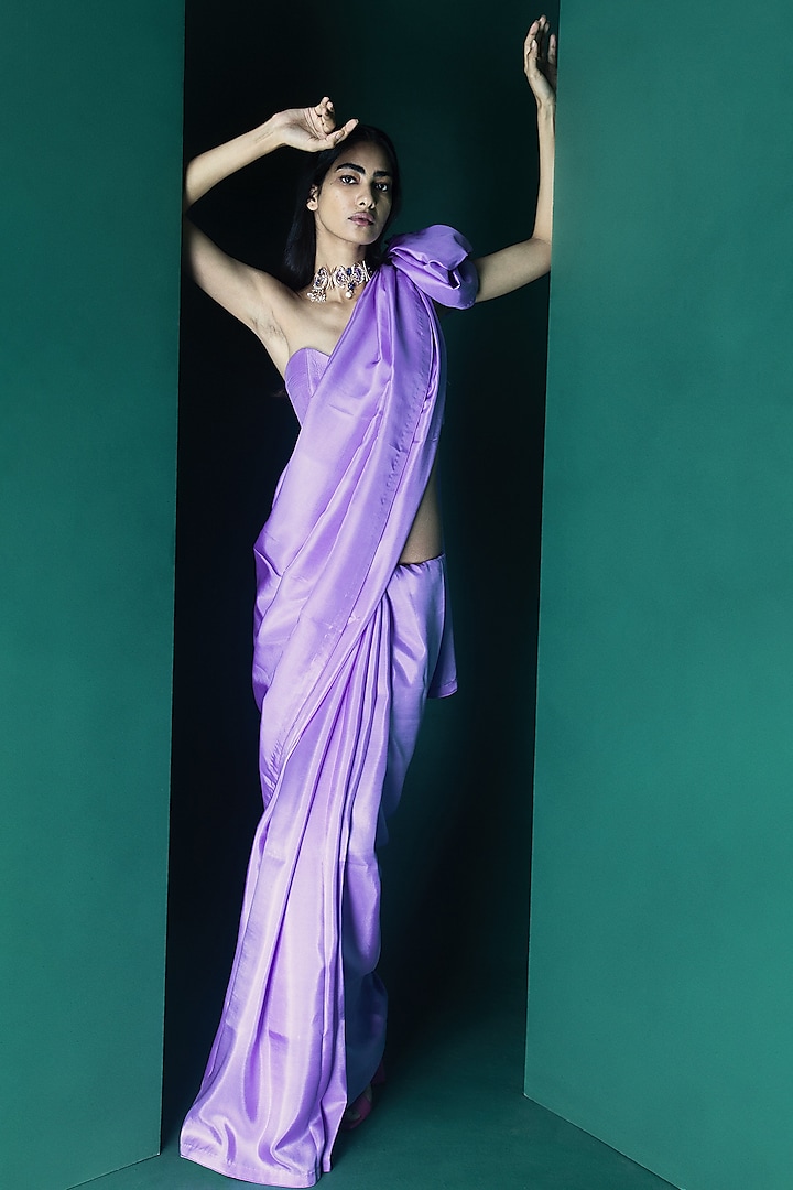Orchid Violet Silk Handwoven Festive Saree Set by Ekaya at Pernia's Pop Up Shop