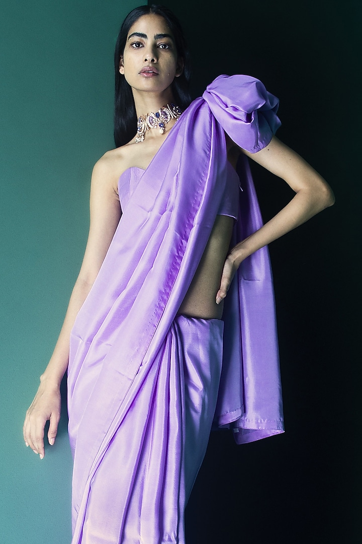 Orchid Violet Silk Handwoven Festive Saree Set by Ekaya at Pernia's Pop Up Shop