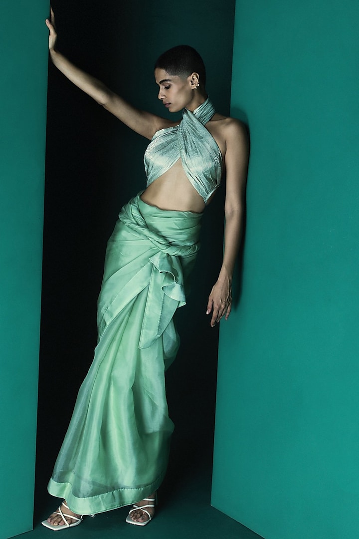 Aquamarine Organza Handwoven Festive Saree Set by Ekaya at Pernia's Pop Up Shop