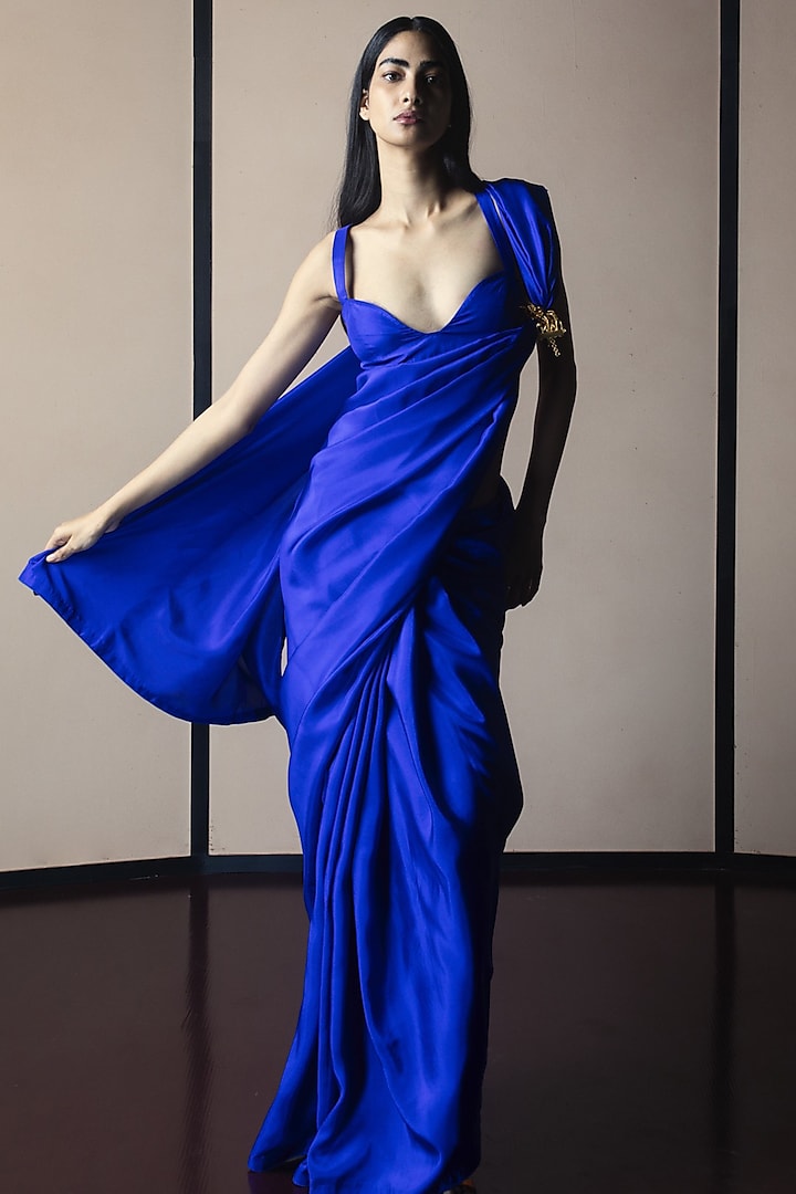 Midnight Blue Silk Handwoven Festive Saree Set by Ekaya at Pernia's Pop Up Shop