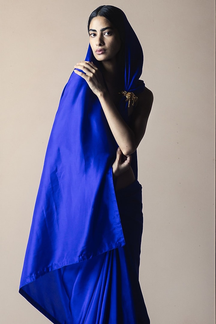 Midnight Blue Silk Handwoven Festive Saree Set by Ekaya at Pernia's Pop Up Shop