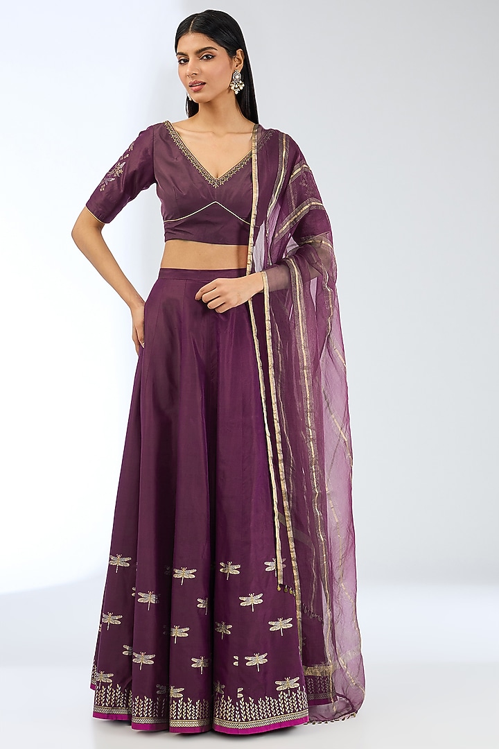 Wine Silk Handwoven Wedding Lehenga Set by Ekaya at Pernia's Pop Up Shop