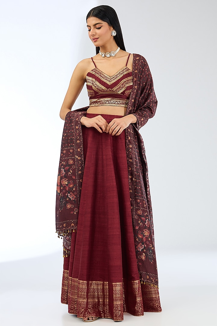 Maroon Silk Handwoven Wedding Lehenga Set by Ekaya at Pernia's Pop Up Shop