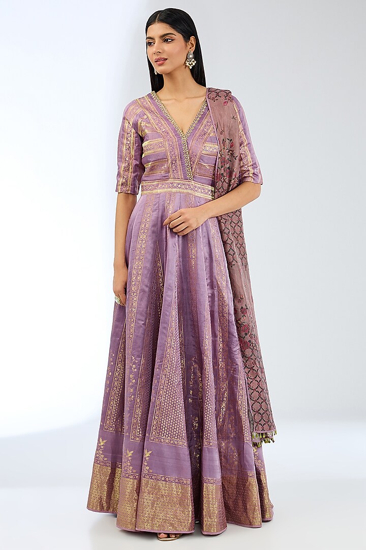 Purple Silk Handwoven Bridal Anarkali Set by Ekaya at Pernia's Pop Up Shop