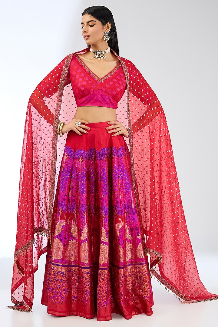 Red Silk Handwoven Bridal Lehenga Set by Ekaya at Pernia's Pop Up Shop