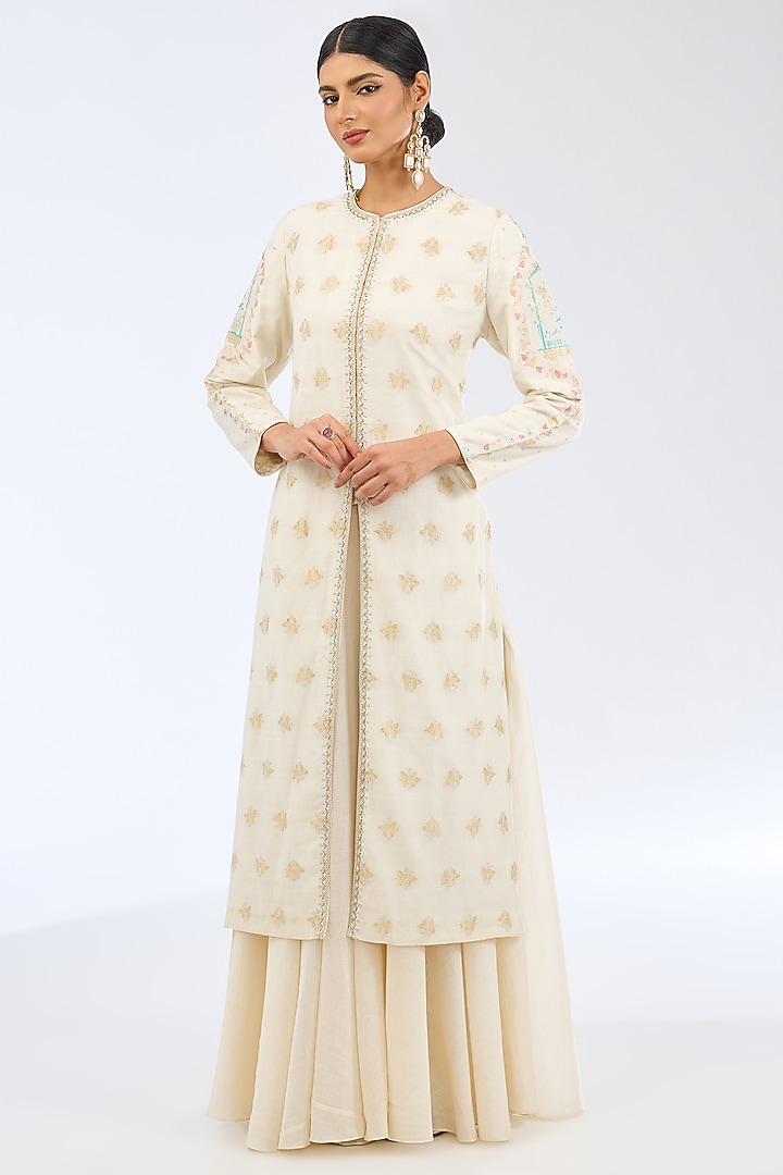 Ivory Chanderi Silk Floral Printed Kurta Set by Ekaya at Pernia's Pop Up Shop