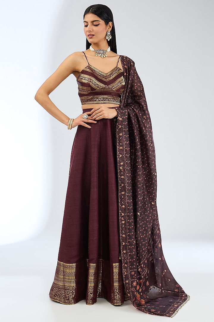 Maroon Silk Handwoven Wedding Lehenga Set by Ekaya at Pernia's Pop Up Shop