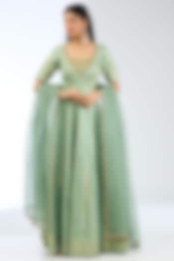 Sea Green Silk Handwoven Bridal Anarkali Set by Ekaya at Pernia's Pop Up Shop