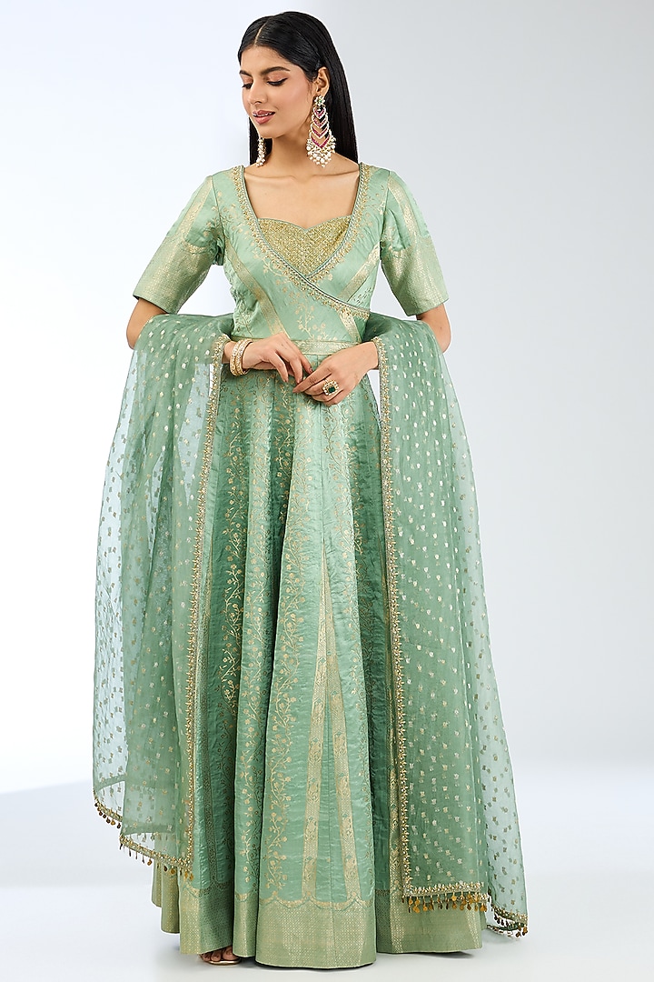 Sea Green Silk Handwoven Bridal Anarkali Set by Ekaya at Pernia's Pop Up Shop