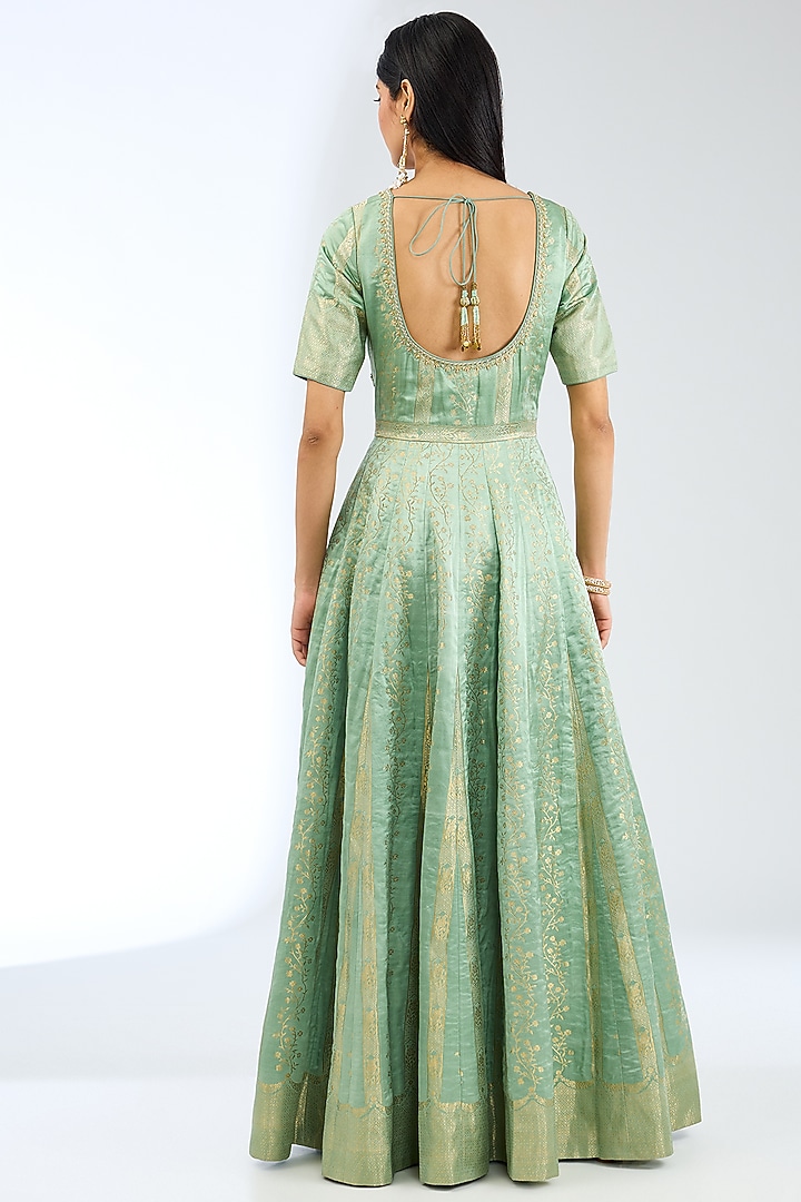 Sea Green Silk Handwoven Bridal Anarkali Set by Ekaya at Pernia's Pop Up Shop
