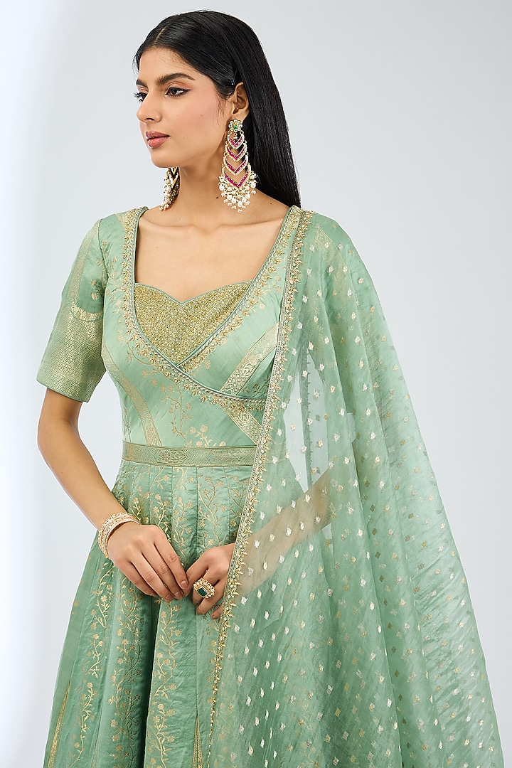 Sea Green Silk Handwoven Bridal Anarkali Set by Ekaya at Pernia's Pop Up Shop