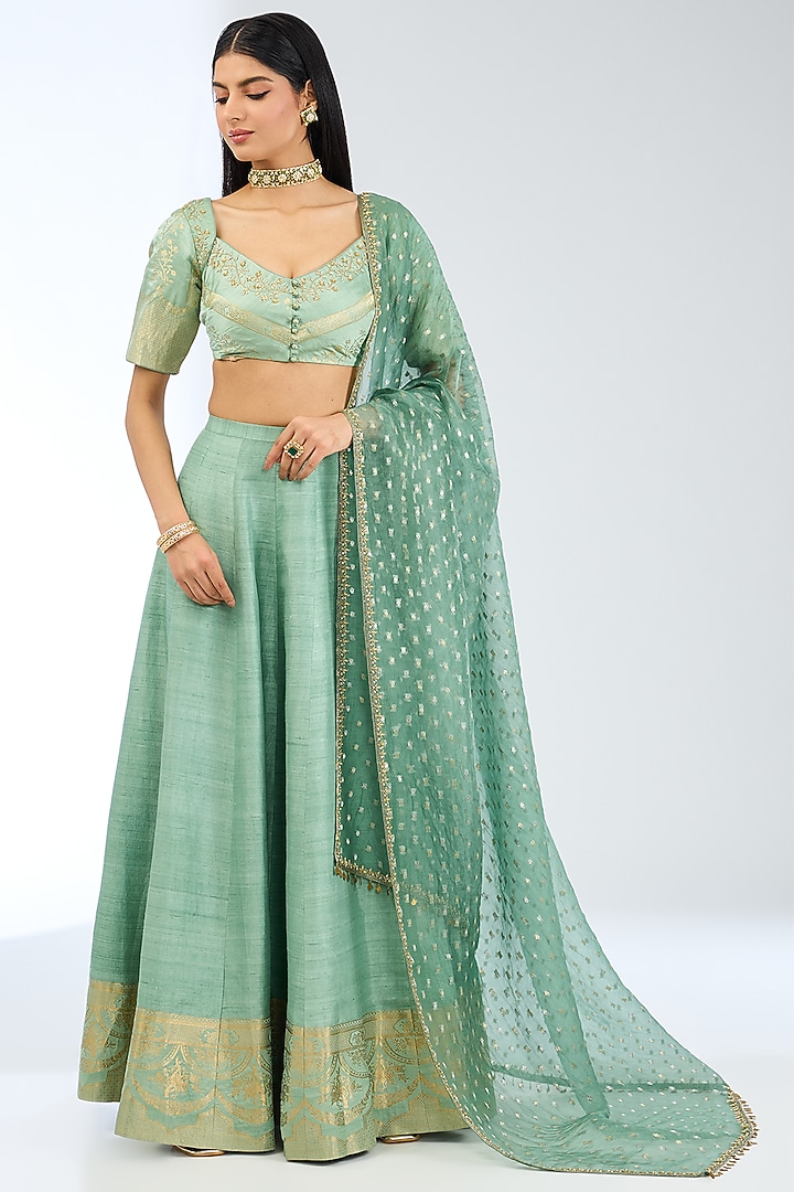 Sea Green Silk Handwoven Wedding Lehenga Set by Ekaya at Pernia's Pop Up Shop