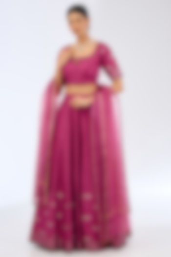 Rani Pink Silk Zardosi Embroidered Handwoven Lehnenga Set by Ekaya at Pernia's Pop Up Shop