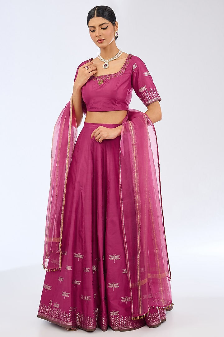 Rani Pink Silk Zardosi Embroidered Handwoven Lehnenga Set by Ekaya at Pernia's Pop Up Shop