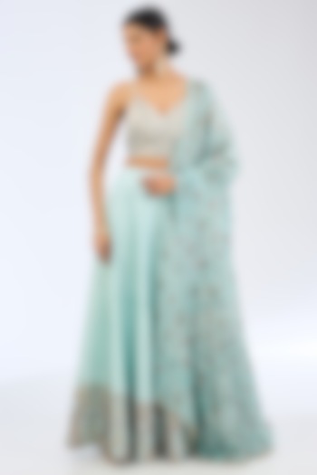 Sea Green Silk Checkered Handwoven Lehnenga Set by Ekaya at Pernia's Pop Up Shop