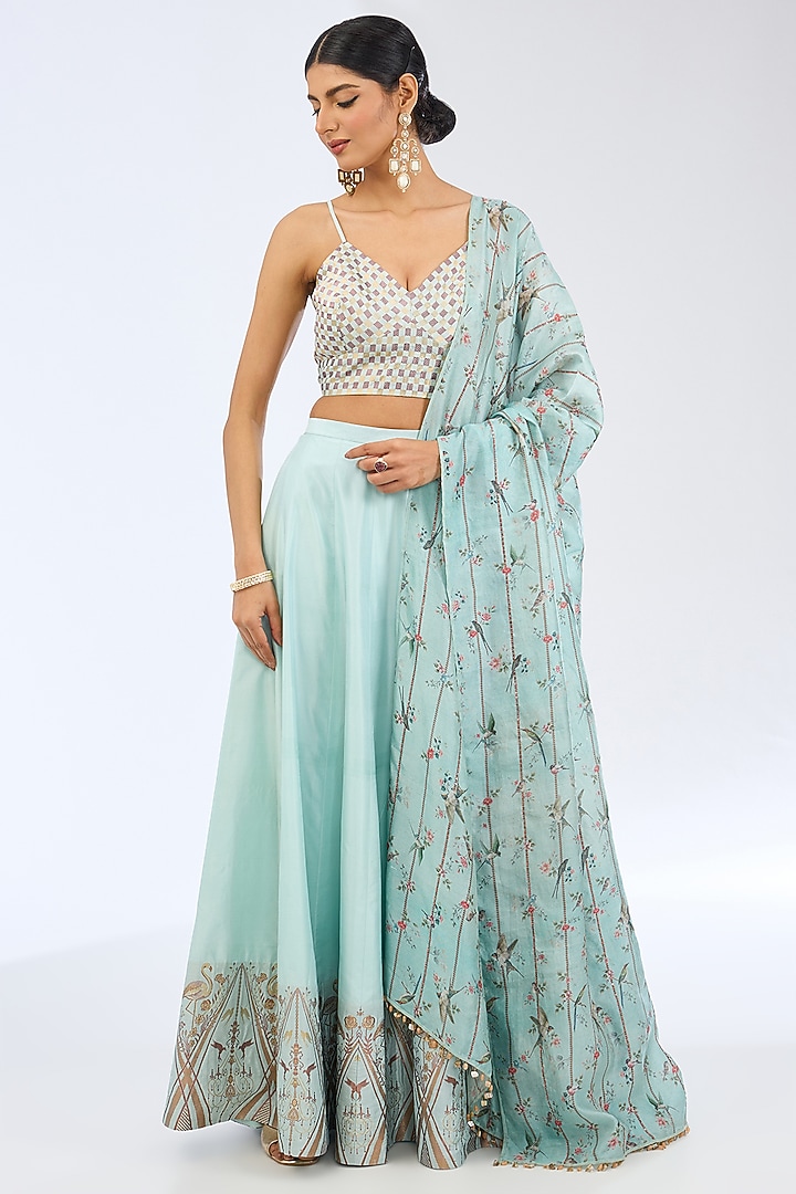 Sea Green Silk Checkered Handwoven Lehnenga Set by Ekaya at Pernia's Pop Up Shop