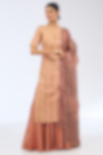 Peach Satin Silk Stripes Printed Kurta Set by Ekaya at Pernia's Pop Up Shop