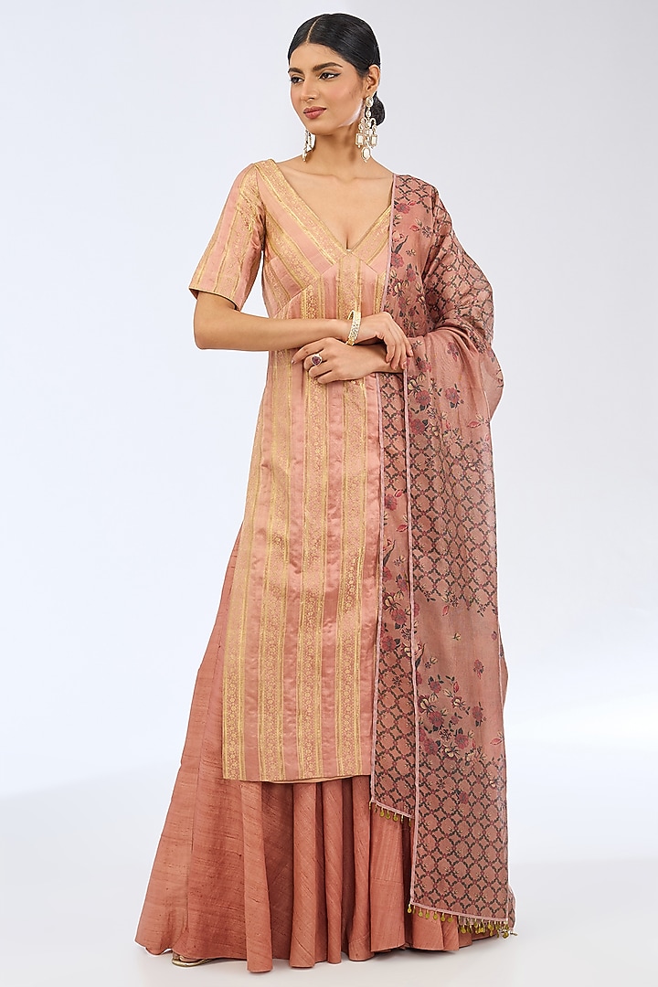 Peach Satin Silk Stripes Printed Kurta Set by Ekaya at Pernia's Pop Up Shop