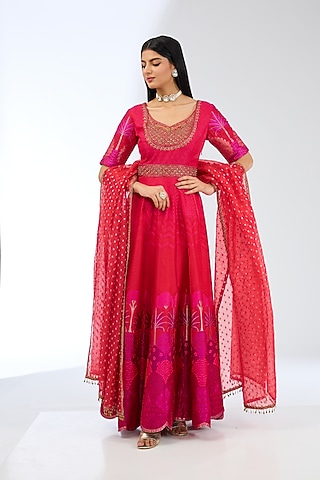 Red Silk Handwoven Anarkali Set by Ekaya
