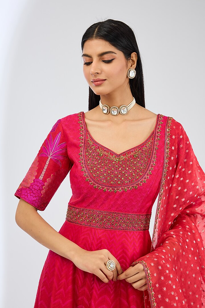 Red Silk Handwoven Bridal Anarkali Set by Ekaya at Pernia's Pop Up Shop