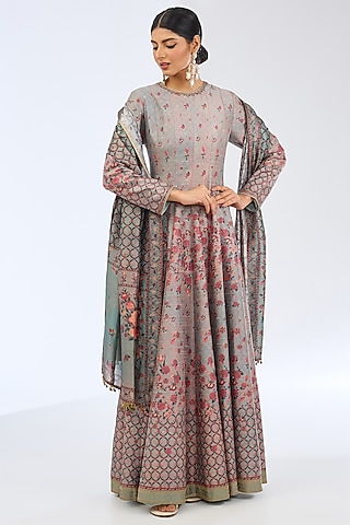 Blue Satin Silk Floral Digital Printed Anarkali Set by Ekaya