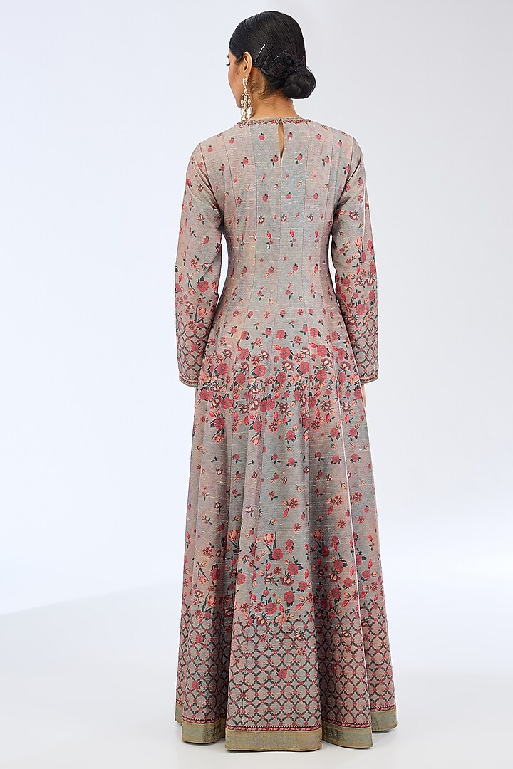 Blue Satin Silk Floral Digital Printed Wedding Anarkali Set by Ekaya at Pernia's Pop Up Shop