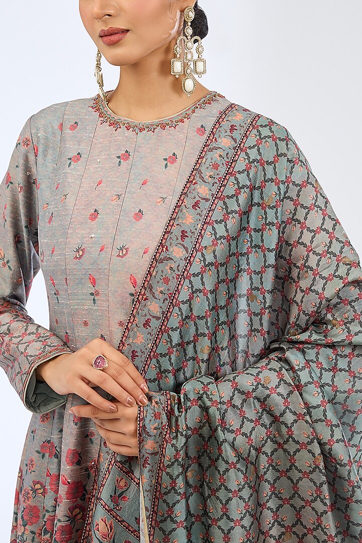 Blue Satin Silk Floral Digital Printed Wedding Anarkali Set by Ekaya at Pernia's Pop Up Shop