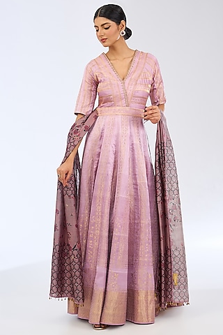 Purple Satin Silk Stripes Printed Anarkali Set by Ekaya