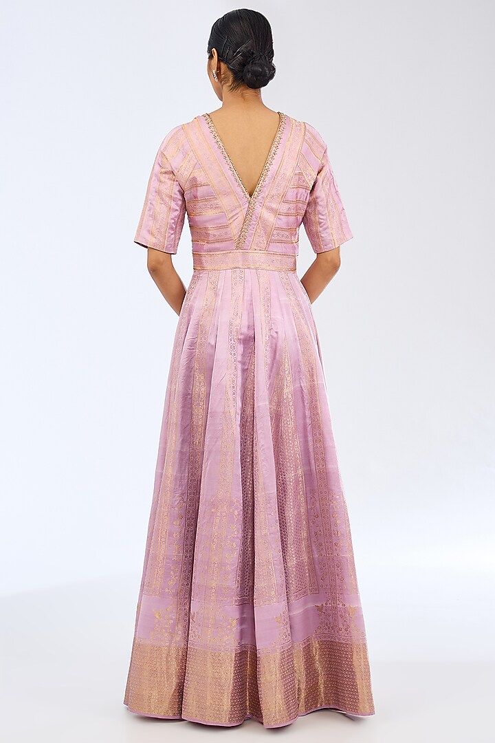 Purple Satin Silk Stripes Printed Bridal Anarkali Set by Ekaya at Pernia's Pop Up Shop