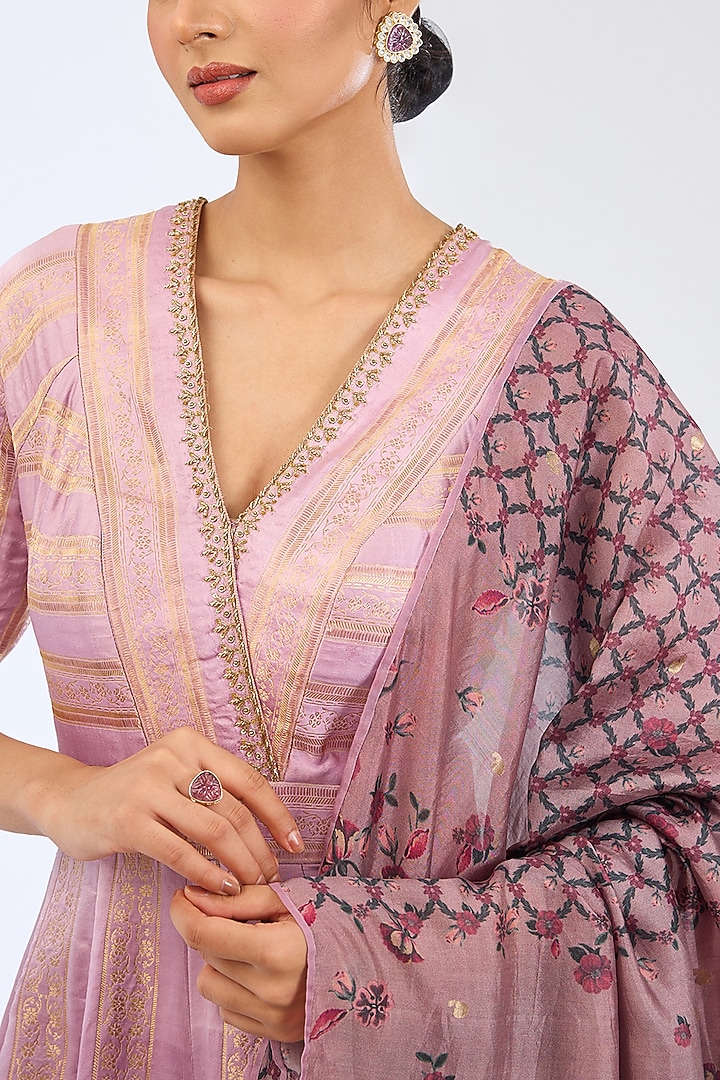 Purple Satin Silk Stripes Printed Bridal Anarkali Set by Ekaya at Pernia's Pop Up Shop
