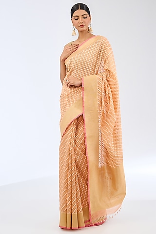 Peach Cotton Handwoven Saree Set by Ekaya
