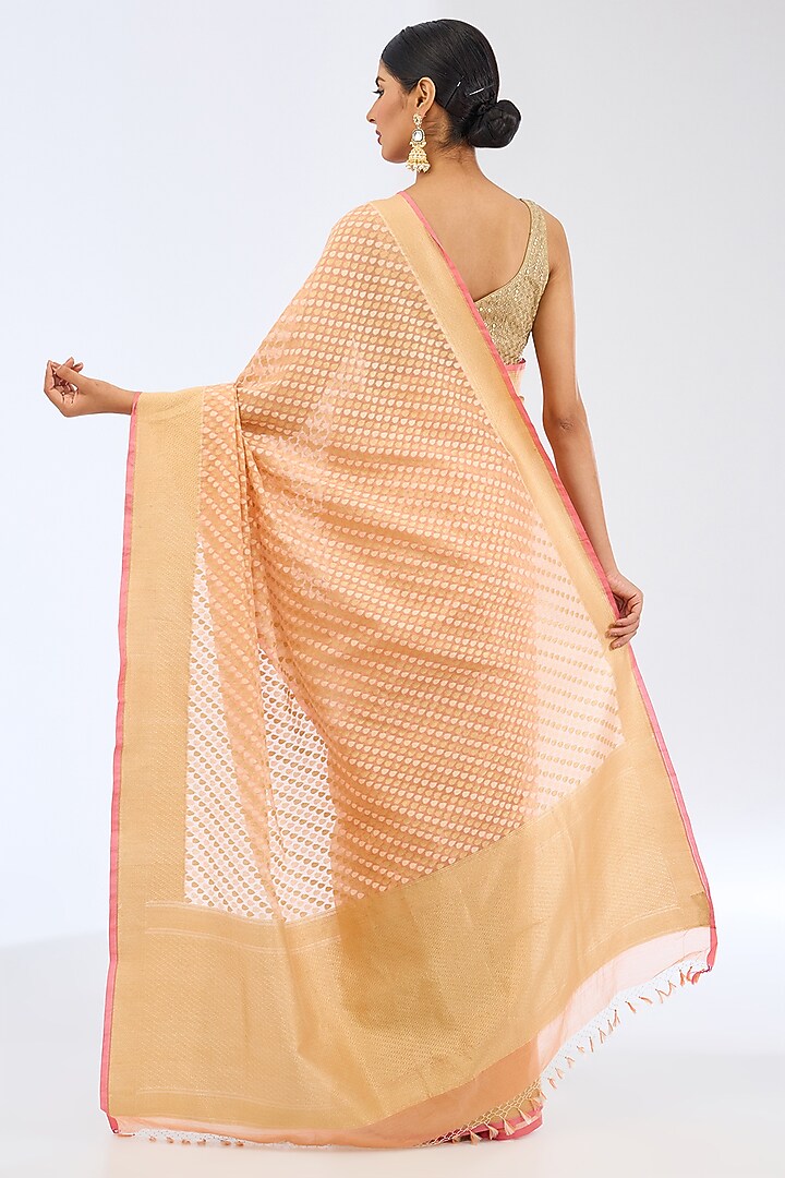 Peach Cotton Handwoven Party Wear Saree Set by Ekaya at Pernia's Pop Up Shop