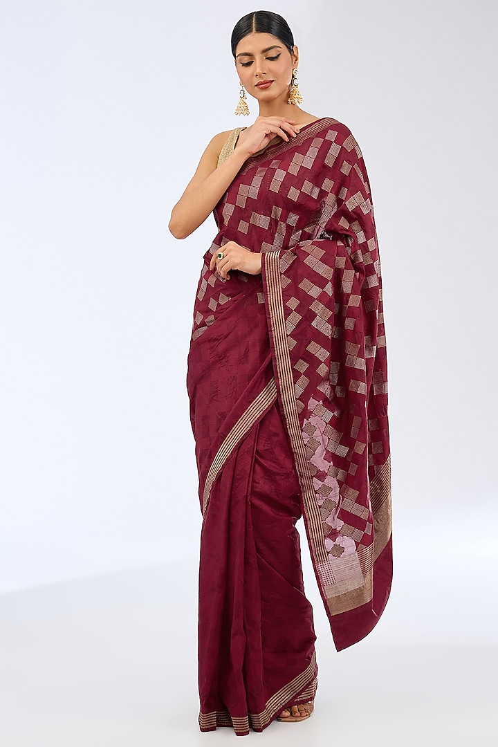 Red Silk Handwoven Saree Set by Ekaya at Pernia's Pop Up Shop