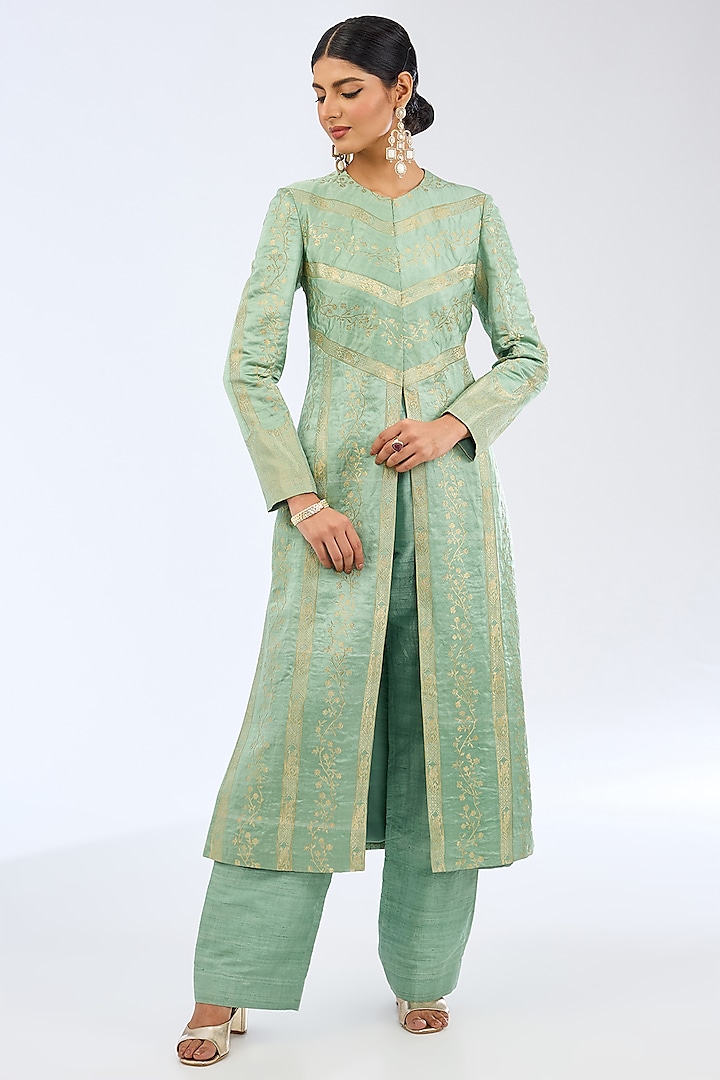 Sea Green Silk Floral Printed Jacket Set by Ekaya at Pernia's Pop Up Shop