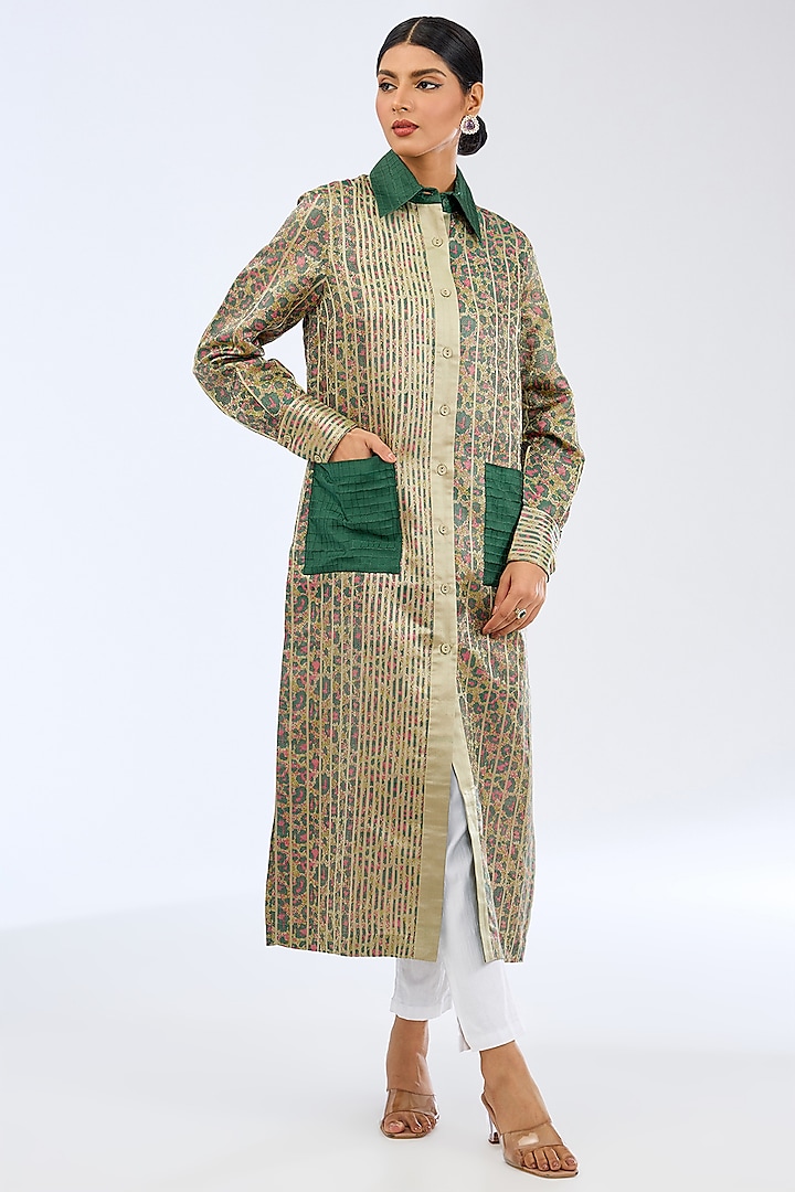 Green Silk Weave Embroidered Kurta by Ekaya at Pernia's Pop Up Shop