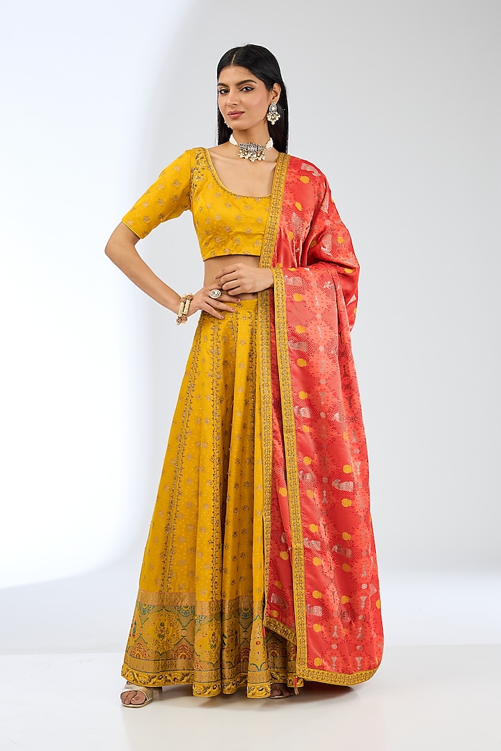 Mustard Silk Handwoven Wedding Lehenga Set by Ekaya at Pernia's Pop Up Shop