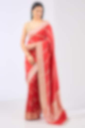 Red Silk Handwoven Saree Set by Ekaya