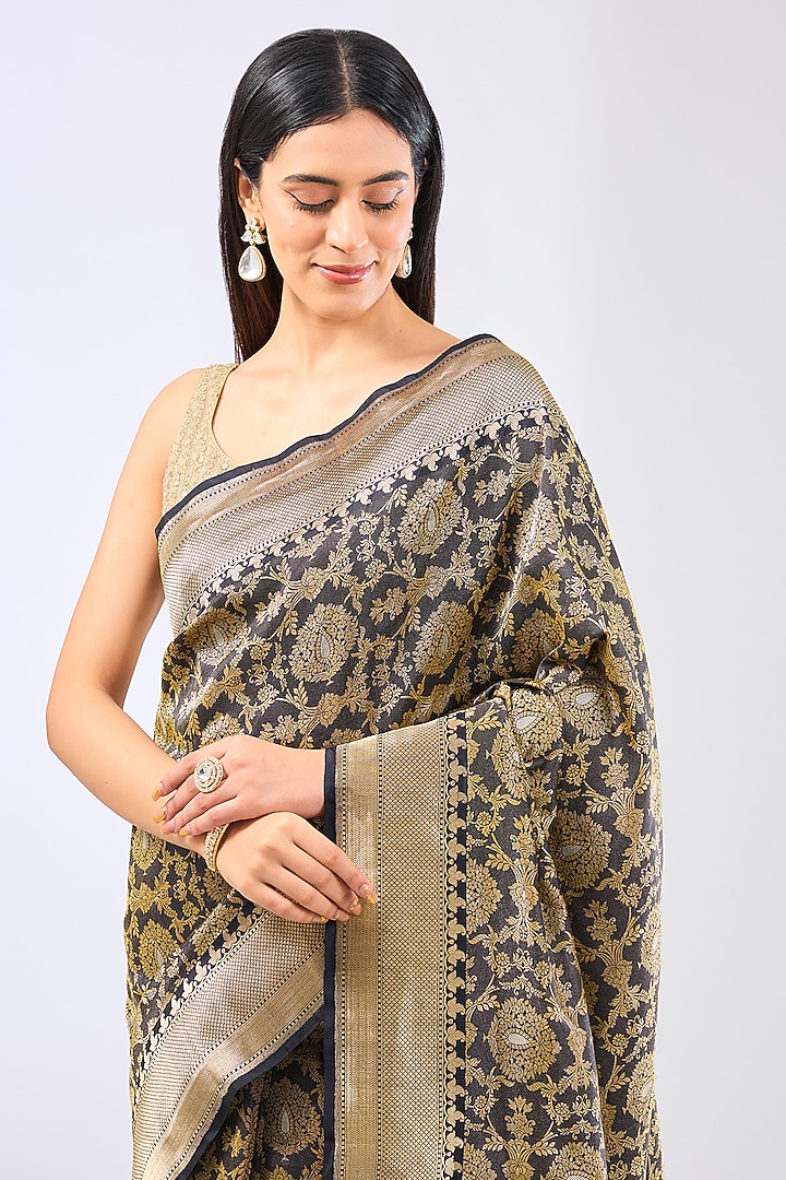 Black Silk Handwoven Wedding Saree Set by Ekaya at Pernia's Pop Up Shop