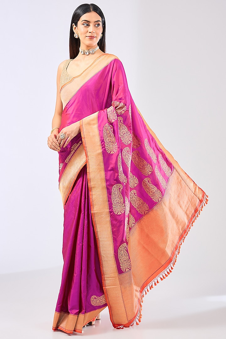 Magenta Pink Silk Handwoven Saree Set by Ekaya