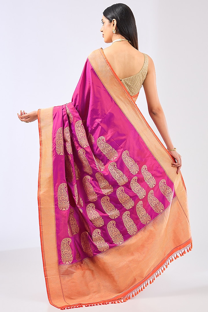 Magenta Pink Silk Handwoven Wedding Saree Set by Ekaya at Pernia's Pop Up Shop