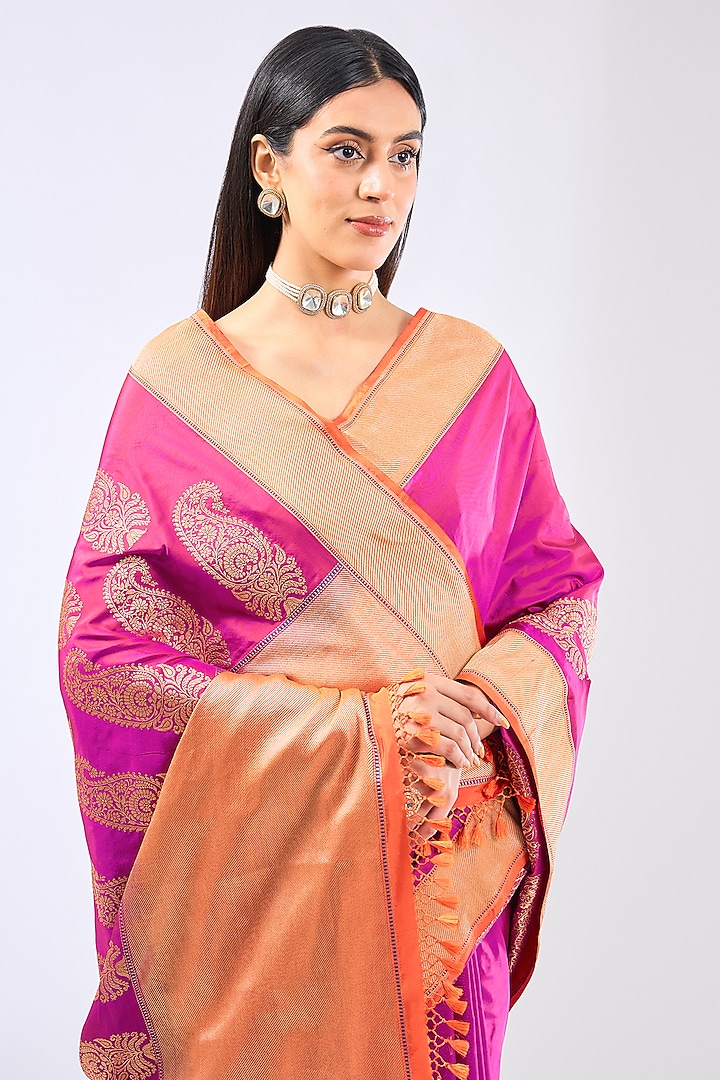 Magenta Pink Silk Handwoven Wedding Saree Set by Ekaya at Pernia's Pop Up Shop