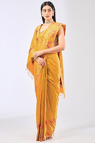 Mustard Silk Handwoven Saree Set by Ekaya