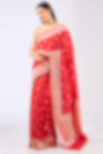 Red Silk Handwoven Saree Set by Ekaya at Pernia's Pop Up Shop