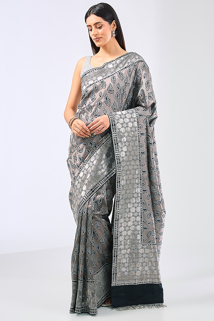 Black Silk Handwoven Saree Set by Ekaya at Pernia's Pop Up Shop